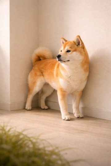 Shiba Inu Standing in Beige Corner Indoor Wallpaper
