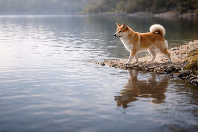Shiba Inu by Lake Reflection Calm Nature Wallpaper