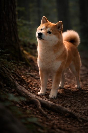 Shiba Inu Standing on Forest Path Soft Cinematic Light Wallpaper