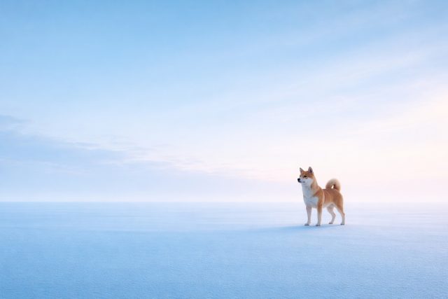 Shiba Inu Standing in Open Blue Minimal Space Wallpaper