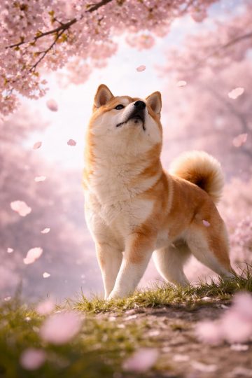 Shiba Inu Under Sakura Petals Soft Pink Spring Wallpaper