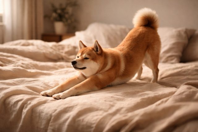 Shiba Inu Stretching on Bed Morning Soft Light