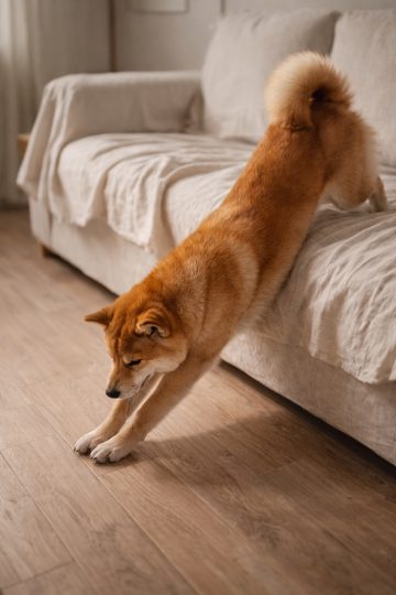 Shiba Inu Stretching Down From Sofa Minimal Room Wallpaper
