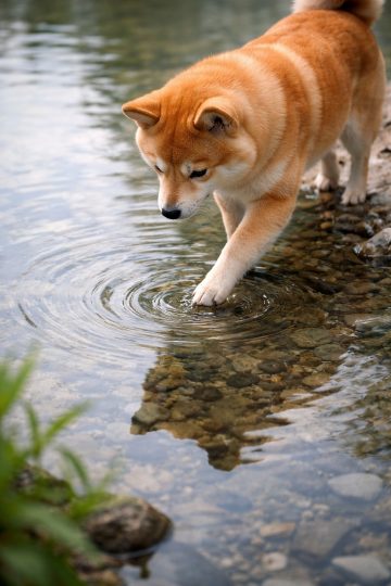 Shiba Inu Touching Water Ripple Reflection Closeup Wallpaper