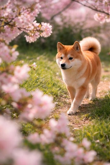 Shiba Inu Walking Among Cherry Blossoms Garden Path Wallpaper