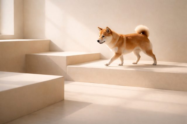Shiba Inu Walking Across Minimal Beige Steps Wallpaper