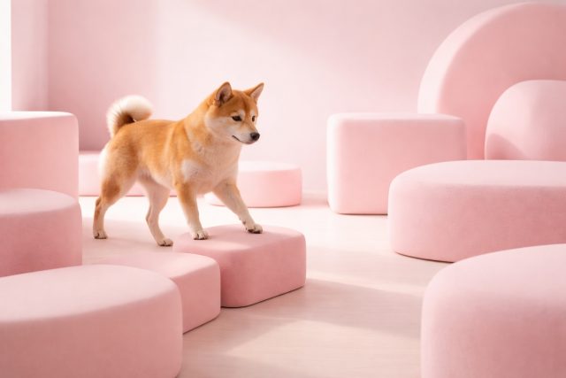 Shiba Inu Walking Through Pastel Pink Minimal Space Wallpaper