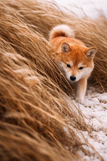 Shiba Inu Walking Through Windy Grass Snow Edge Wallpaper