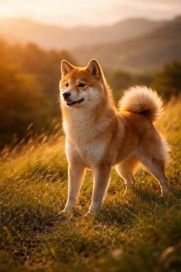 Shiba Inu Standing in Warm Sunset Field Wallpaper