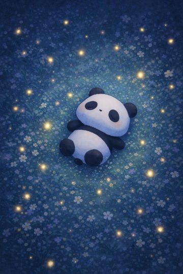 Sleeping Panda with Fireflies in a Night Flower Meadow Wallpaper