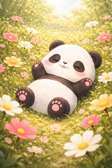Sleeping Panda Relaxing in a Flower Field Wallpaper