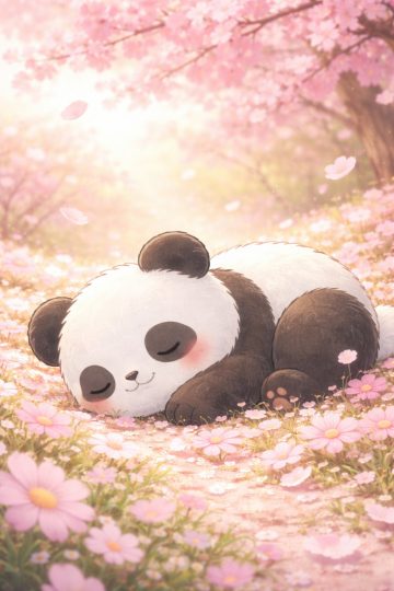 Sleeping Panda in Cherry Blossom Garden Wallpaper