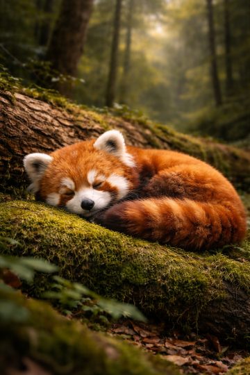 Sleeping Red Panda on Mossy Log Wallpaper