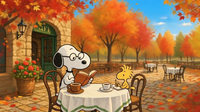 Snoopy in an Autumn Cafe Garden Wallpaper