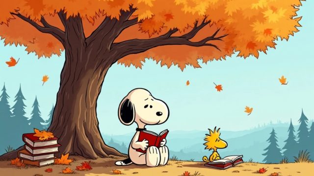Snoopy Reading Beneath an Autumn Tree Wallpaper