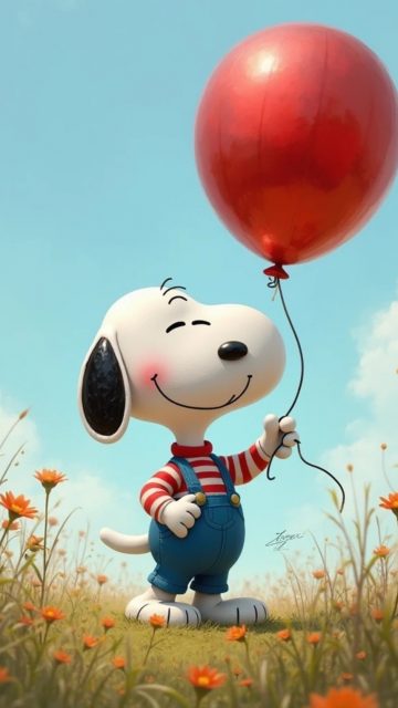 Snoopy Holding a Red Balloon in a Flower Field Wallpaper