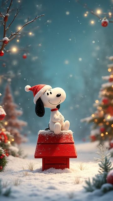 Snoopy Christmas Doghouse Night Wallpaper
