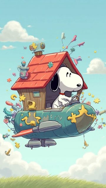 Snoopy Floating Through the Sky in a Fantasy Doghouse Wallpaper