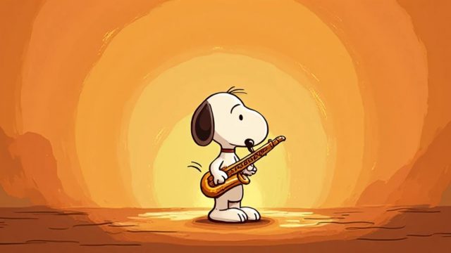 Snoopy Playing Guitar on a Golden Stage Wallpaper