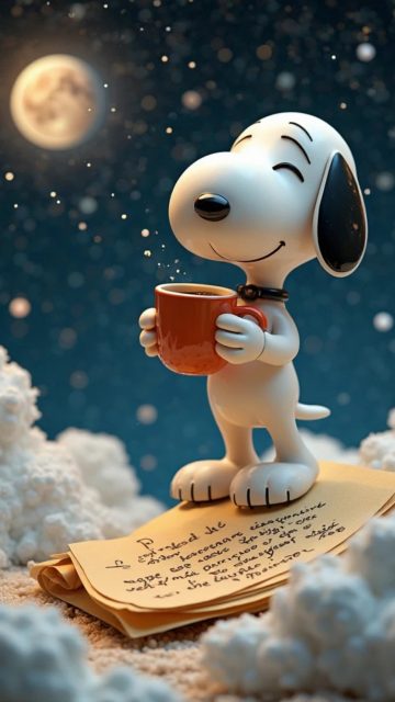 Snoopy Holding Coffee Beneath the Moonlight Wallpaper