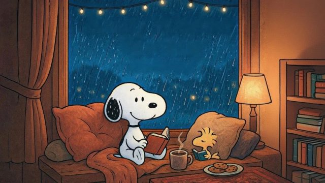 Snoopy Reading Beside a Cozy Window Wallpaper