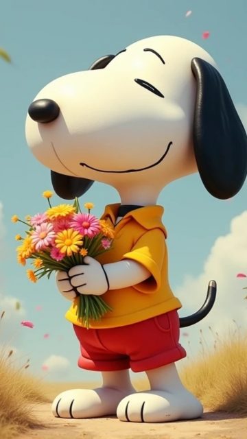 Snoopy Carrying a Spring Flower Bouquet Wallpaper