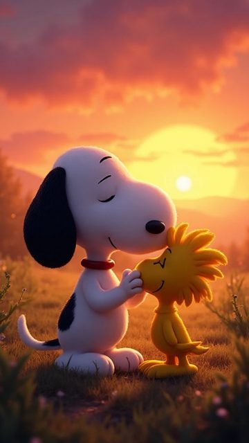 Snoopy Hugging Woodstock at Sunset Wallpaper