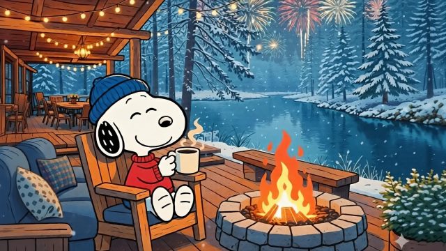 Snoopy Relaxing by a Winter Campfire Wallpaper