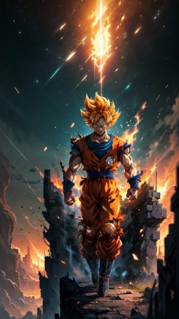 Super Saiyan Goku in a Fiery Battle Landscape Wallpaper