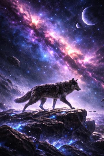 Wolf Crossing a Cosmic Asteroid Ridge Wallpaper