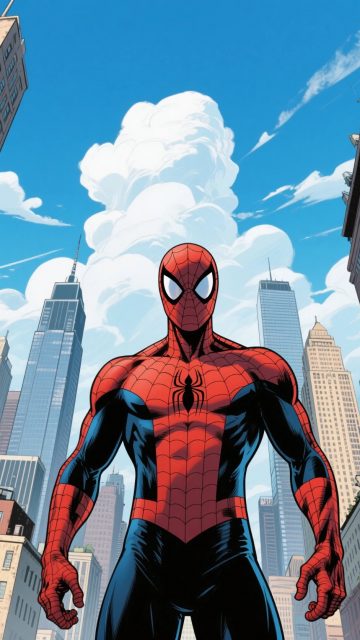 Spider-Man Beneath a Bright Blue City Sky Wallpaper