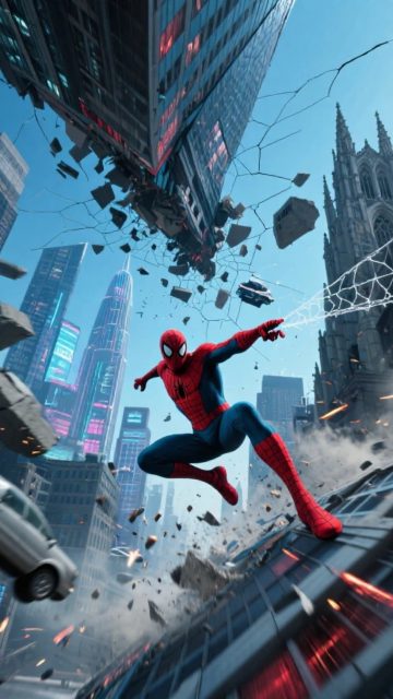 Spider-Man Escaping a Collapsing City Wallpaper