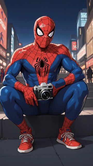 Spider-Man Holding a Camera in the City Wallpaper