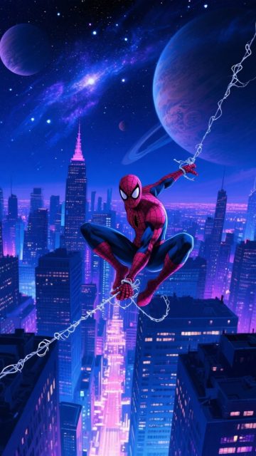 Spider-Man Swinging Beneath a Cosmic Sky Wallpaper