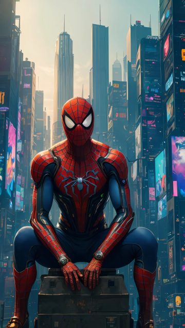 Spider-Man Resting in a Cyberpunk City Wallpaper