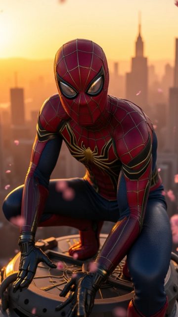 Spider-Man on a Rooftop at Golden Hour Wallpaper