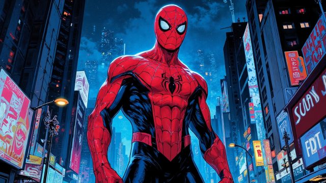 Spider-Man Standing in a Neon City Street Wallpaper