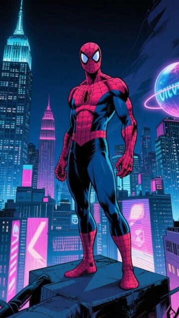 Spider-Man Standing Above the Neon City Wallpaper