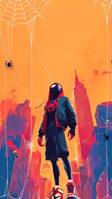 Spider-Man Beneath an Orange Skyline Wallpaper