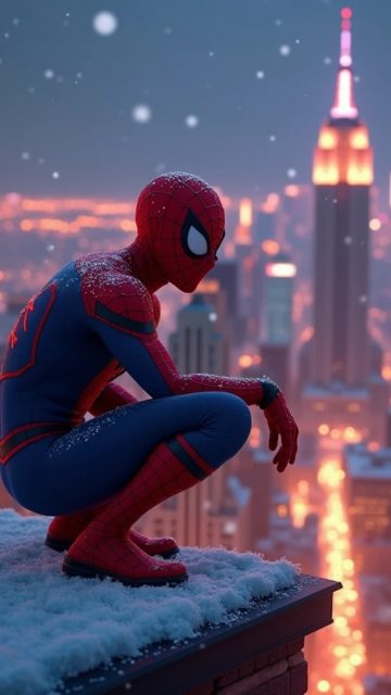 Spider-Man on a Snowy Rooftop Wallpaper