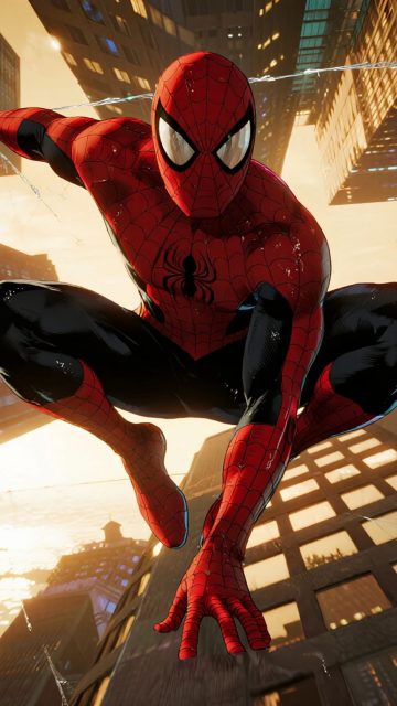 Spider-Man Rooftop Action at Sunset Wallpaper