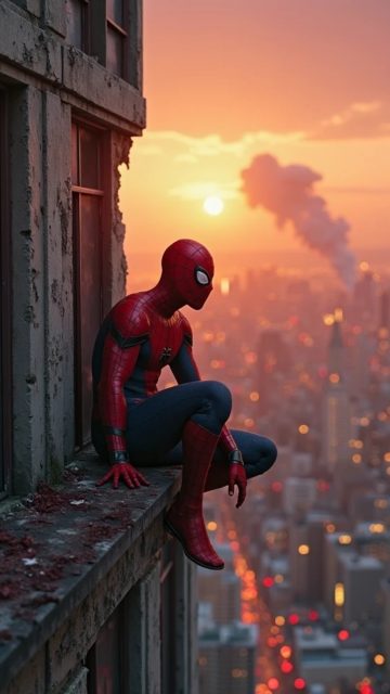 Spider-Man Resting on a Sunset Window Ledge Wallpaper