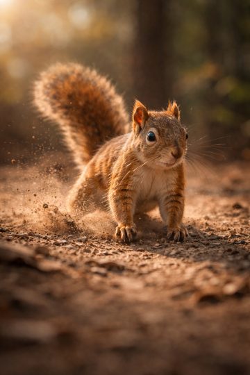 Squirrel Running with Dust in Warm Light Wallpaper