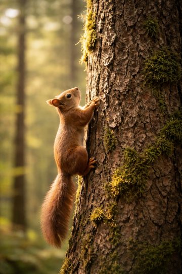 Squirrel Climbing Tree in Warm Autumn Light Wallpaper