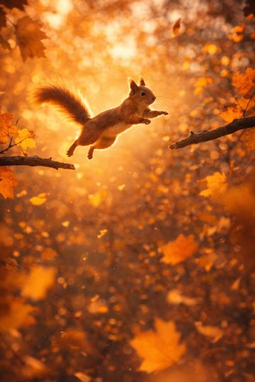 Squirrel Jumping Through Golden Autumn Leaves Wallpaper