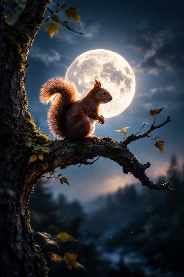 Squirrel on Branch with Full Moon Night Wallpaper