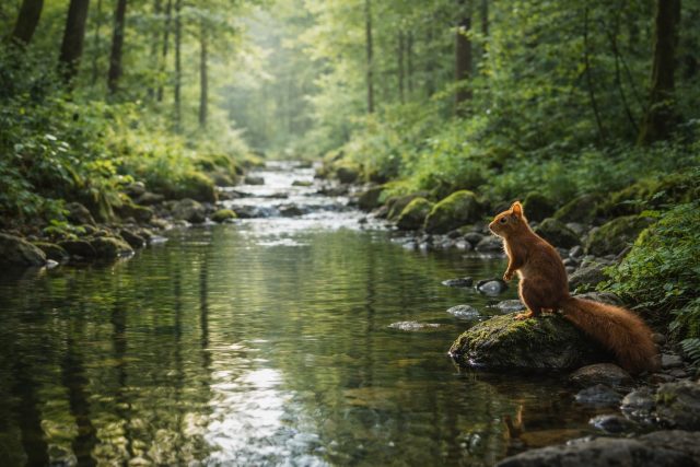 Squirrel by Forest Stream Nature Wallpaper