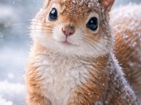 a close up of a squirrel with snowflakes resting on its fur and soft falling snow in a blurred winter background
