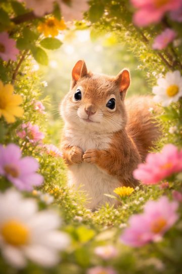 Squirrel Framed by Flowers Spring Portrait Wallpaper