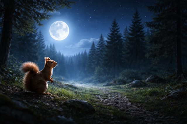 Squirrel on Forest Path Under Moonlight Wallpaper